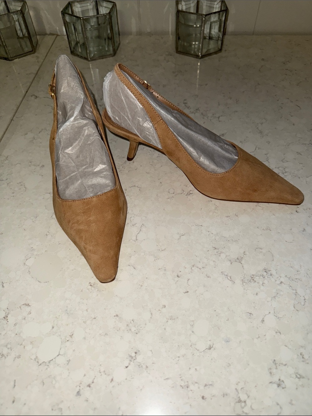 Sam Edelman Tan Suede Pointed-Toe Slingback Kitten Heels